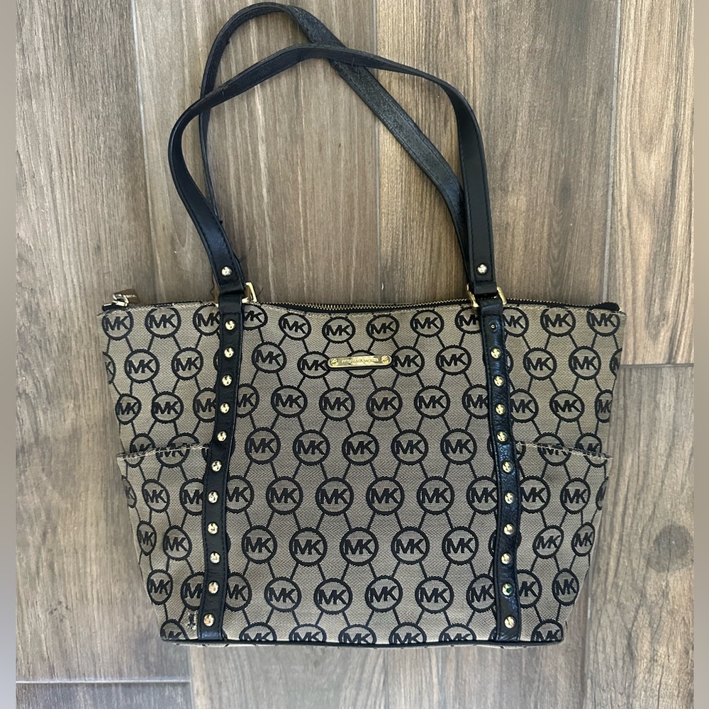 Michael Kors Fabric Monogram Hobo Shoulder Tote Bag Black Leather Trim